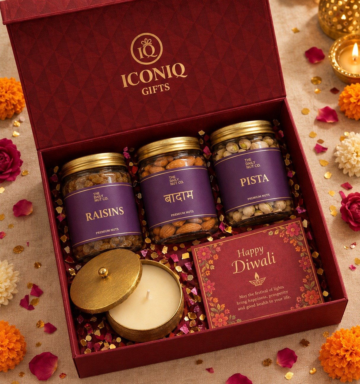 Iconiq premium keepsake — 1200 GSM rigid box with hammered copperware and gold-capped gourmet jars kept on desks for months.