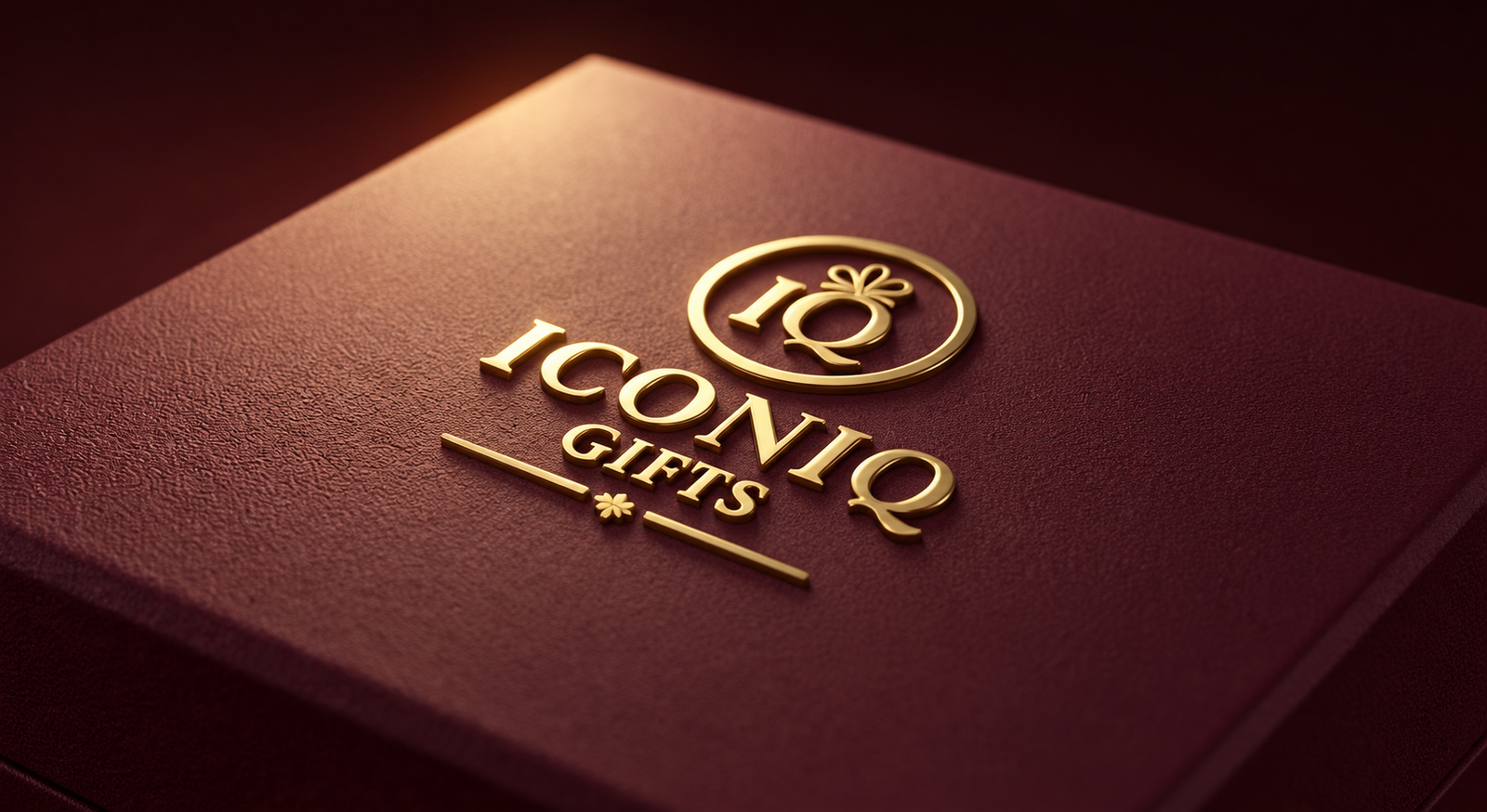 Close-up of the lid exterior 3D electroplated metal corporate crest on an Iconiq rigid box.