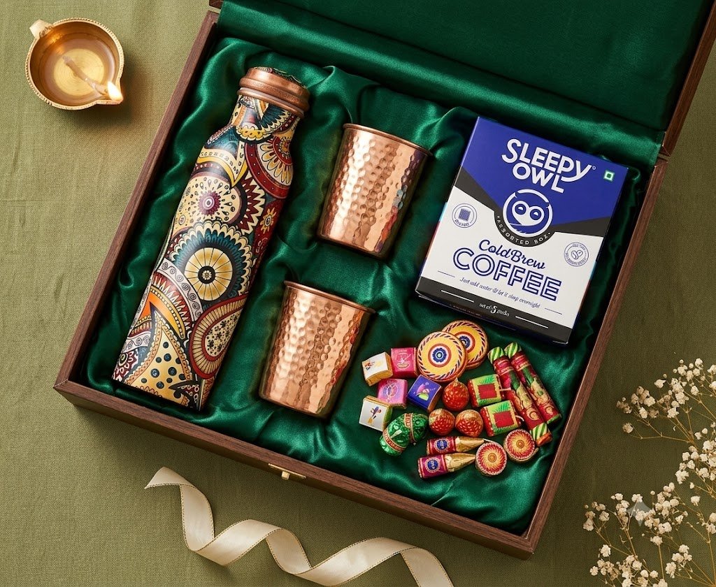 Pure hammered Ayurvedic copperware drinkware included in an Iconiq keepsake box.
