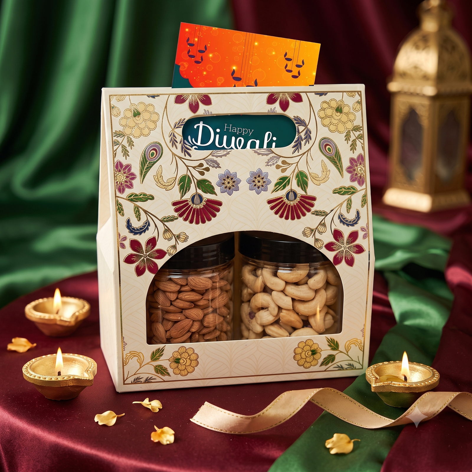 Tier 1 Team Celebration Hamper — gable box with dry fruit jars and ladoo candles.