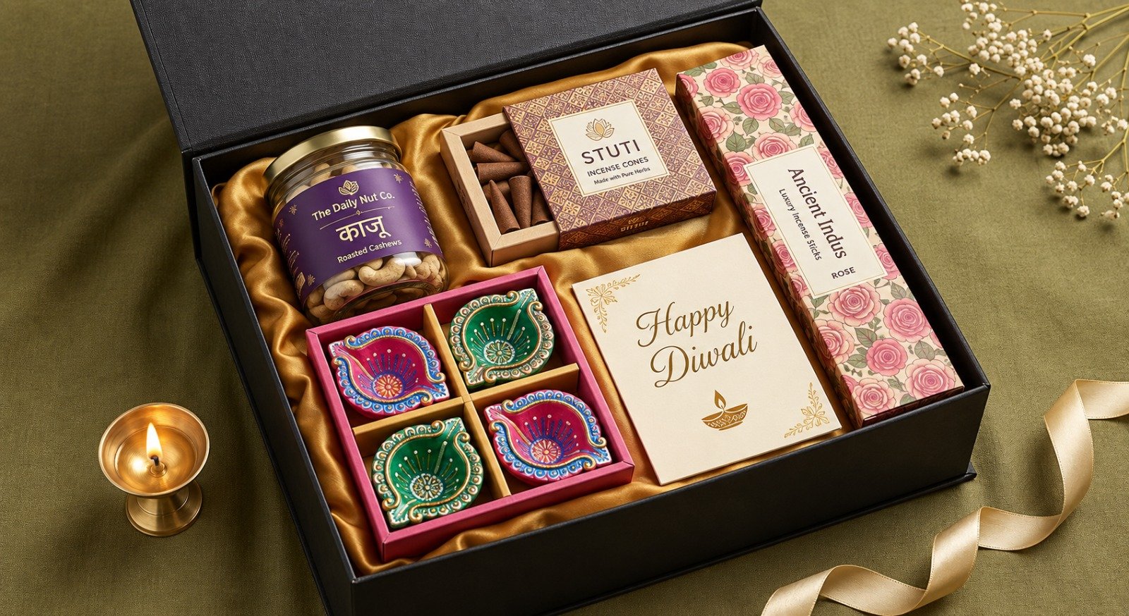 The Executive Ensemble — magnetic clamshell box with copper tumbler pair and metal urli candle.