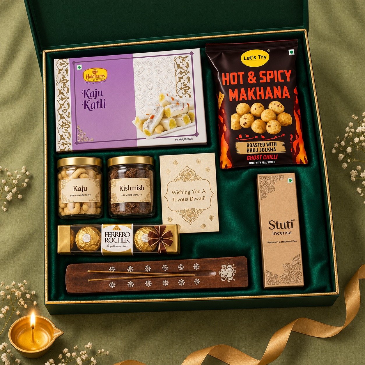 The Royal Keepsake VIP Trunk — emerald green magnetic box with hammered copper water bottle, gold resin Ganesha and luxury candle.